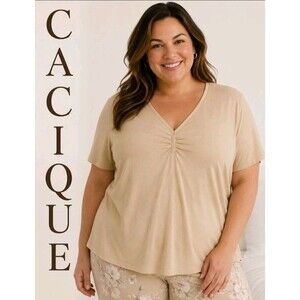 NWT CACIQUE Lane Bryant Womens 18/20 V-Neck Short Sleeve Beige Soft Pajama Top